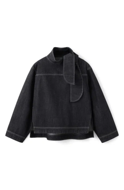 Mango Sila Tie Neck Denim Top In Black