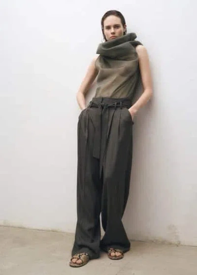 Mango Silk Blouse With Asymmetrical Neckline Forest Green