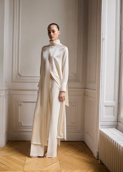 Mango Silk Dress With Cape Style And Bow Neck Ecru In Écru