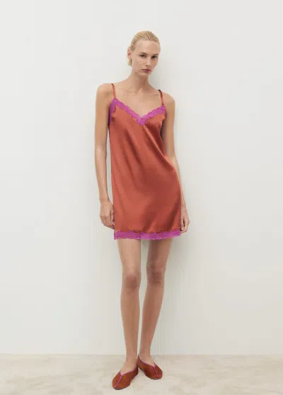 Mango Silk Nightdress With Lace In Contrasting Colour Brown