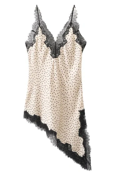 Mango Silver Polka Dot Lace Trim Satin Top In White