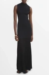 Mango Long Knitted Dress With Perkins Neck Black In Black