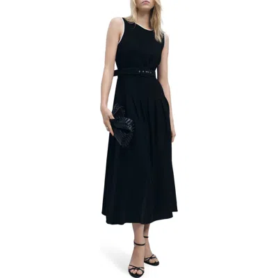 Mango Sleeveless Belted Flared Midi Dress In Black