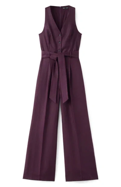 Mango Sleeveless Belted Linen Jumpsuit In Purple
