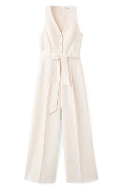Mango Sleeveless Belted Linen Jumpsuit In White