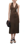 Mango Sleeveless Belted Linen Midi Dress In Brown