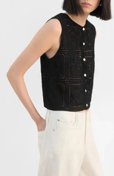 Mango Sleeveless Crochet Button-up Top In Black