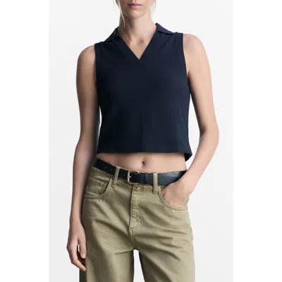 Mango Sleeveless Crop Piqué Polo In Navy