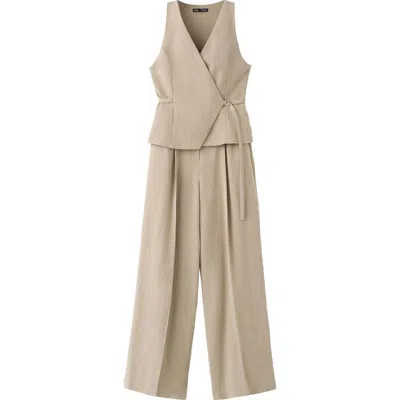 Mango Sleeveless Faux Wrap Jumpsuit In Neutral