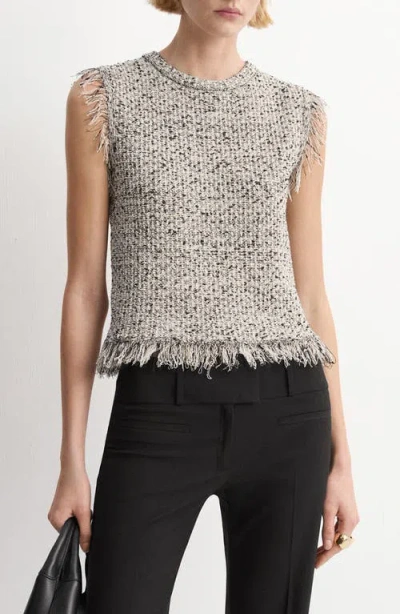 Mango Sleeveless Fringe Trim Tweed Top In Gray
