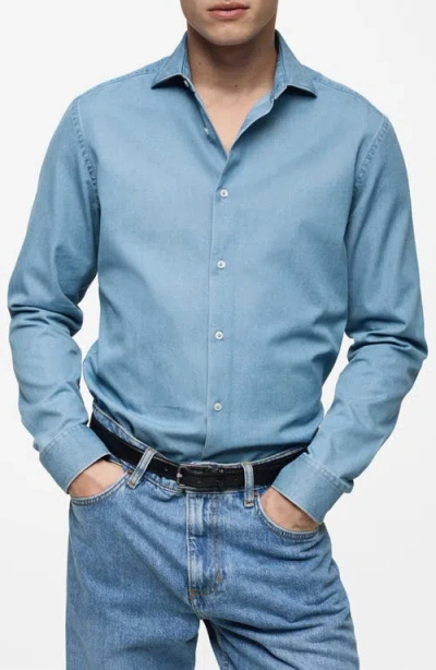 Mango Slim Fit Cotton Chambray Button-up Shirt In Light Blue