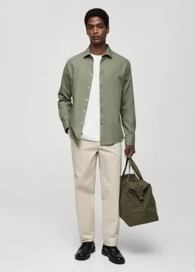 Mango Slim-fit Cotton Structured Shirt Khaki In Kaki