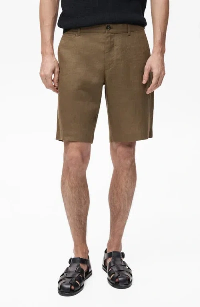 Mango Slim Fit Flat Front Linen Bermuda Chino Shorts In Medium Green