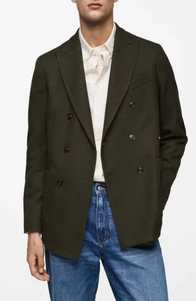 Mango Slim Fit Herringbone Double Breasted Blazer In Green