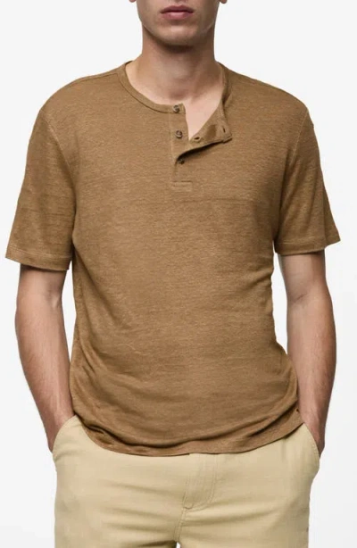 Mango Slim Fit Linen Blend Henley In Beige
