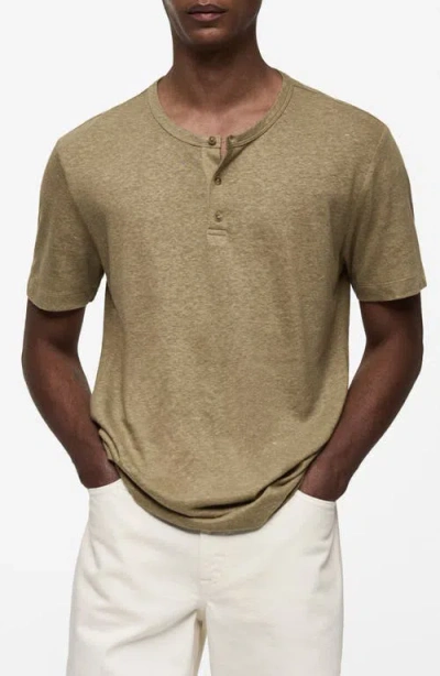 Mango Slim Fit Linen Blend Henley In Khaki Green