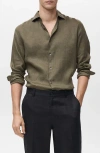 Mango Slim Fit Linen Button-up Shirt In Khaki Green