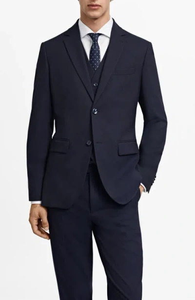 MANGO MANGO SLIM FIT NAVY HERRINGBONE TEXTURE STRETCH SPORT COAT
