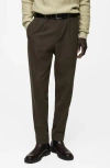 Mango Slim Fit Pleated Wool Blend Flannel Dress Pants In Brown