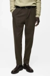 Mango Slim Fit Pleated Wool Blend Flannel Dress Pants In Khaki Brown