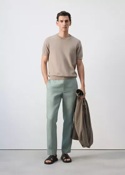 Mango Slim-fit 100% Linen Pants In Emerald Green