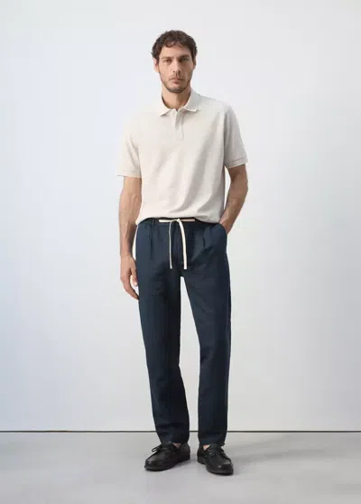 Mango Slim-fit Cropped Linen-cotton Pants In Navy