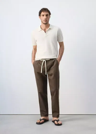 Mango Slim-fit Cropped Linen-cotton Pants In Chocolate