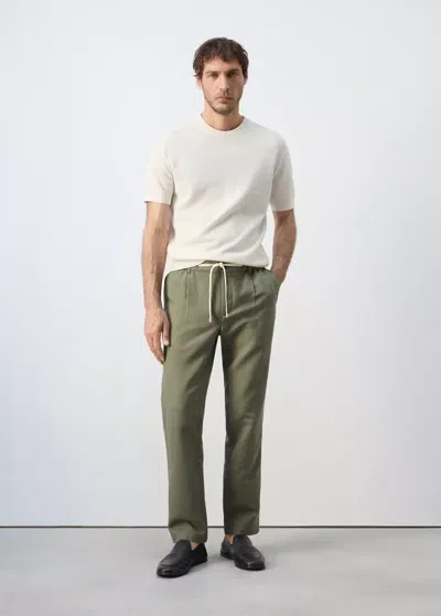 Mango Slim-fit Cropped Linen-cotton Pants In Forest Green
