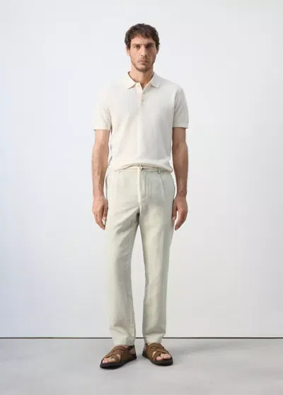 Mango Slim-fit Cropped Linen-cotton Pants In Ecru