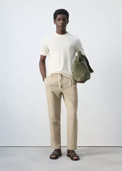 Mango Slim-fit Cropped Linen-cotton Pants In Beige