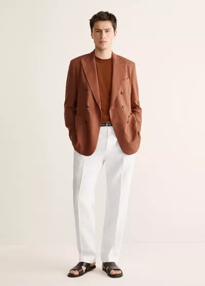 Mango Slim-fit Double-breasted Linen-blend Blazer In Russet