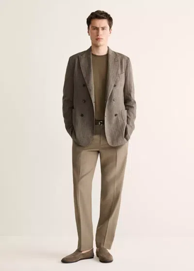 Mango Slim-fit Double-breasted Linen-blend Blazer In Mink Grey
