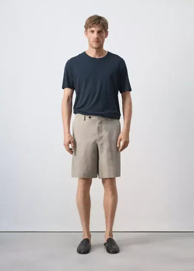 Mango Slim-fit Linen-blend T-shirt In Navy