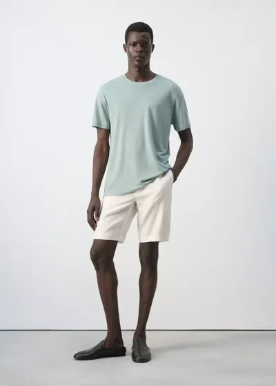 Mango Slim-fit Linen-blend T-shirt In Emerald Green
