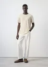 Mango Slim-fit Linen-blend T-shirt In Ivory White
