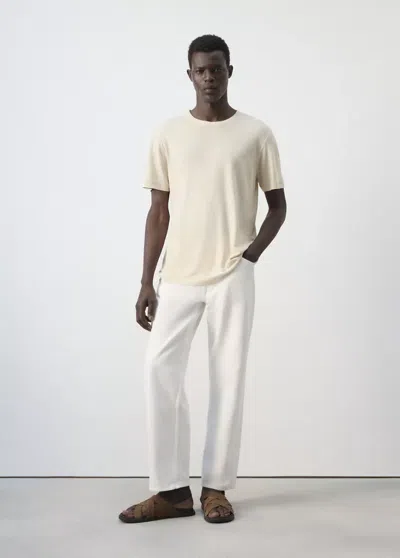 Mango Slim-fit Linen-blend T-shirt In Ivory White