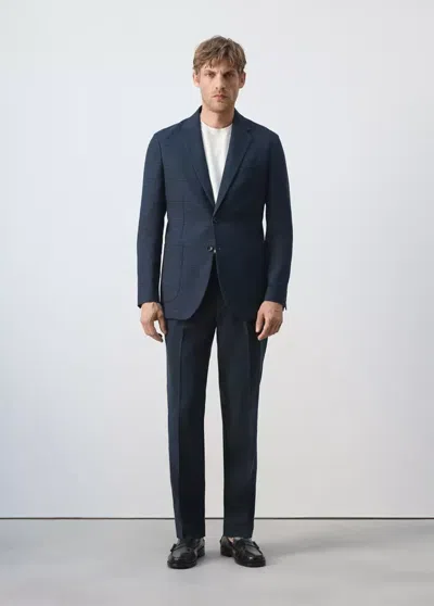 Mango Slim Fit Linen-cotton Check Blazer In Navy