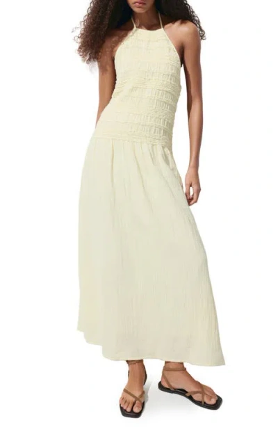 Mango Smocked Crinkle Halter Midi Dress In Yellow