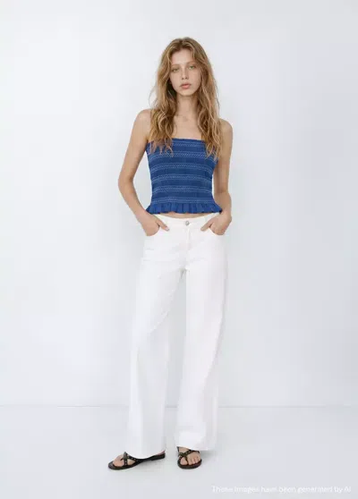 Mango Smocked Top With Embroidered Details In Blue