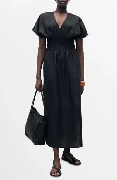 MANGO MANGO SMOCKED WAIST LINEN BLEND MAXI DRESS