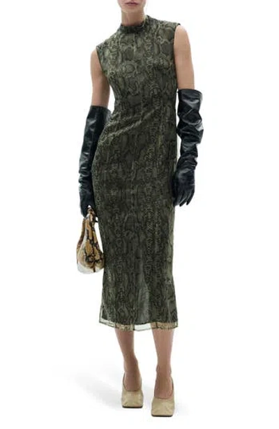 Mango Snakeskin Print Open Back Organza Midi Dress