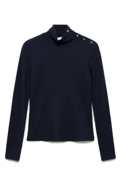Mango Snap Mock Neck Long Sleeve Rib Top In Dark Navy