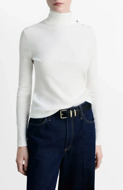 Mango Snap Mock Neck Long Sleeve Rib Top In Off White