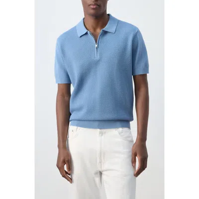 Mango Solid Cotton Waffle Zip Polo Sweater In Blue