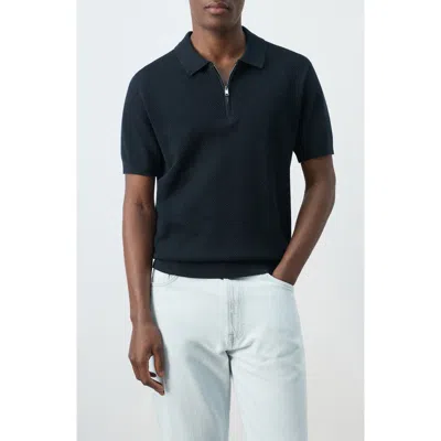 Mango Solid Cotton Waffle Zip Polo Sweater In Blue