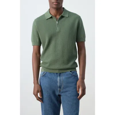 Mango Solid Cotton Waffle Zip Polo Sweater In Green