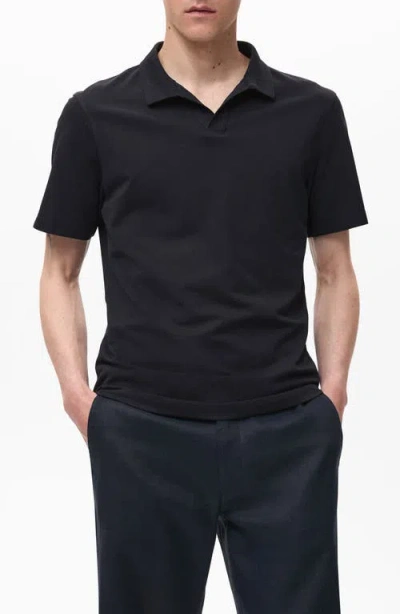 Mango Solid Johnny Collar Cotton Blend Piqué Polo In Black