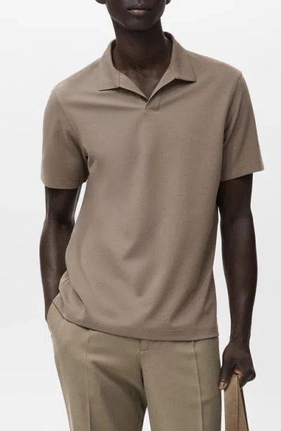 Mango Solid Johnny Collar Cotton Blend Piqué Polo In Brown