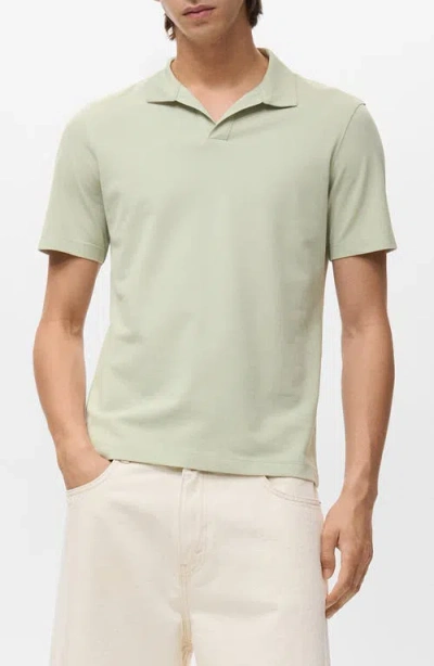 Mango Solid Johnny Collar Cotton Blend Piqué Polo In Green