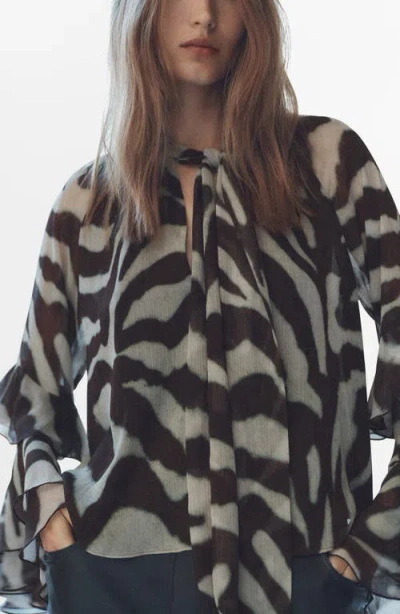 Mango Sonja Stripe Ruffle Chiffon Top In Brown